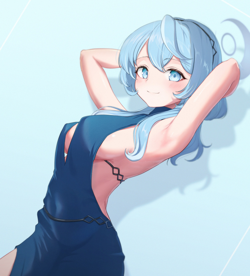 1girl absurdres ako_(blue_archive) ako_(dress)_(blue_archive) armpits arms_behind_head backless_dress backless_outfit black_hairband blue_archive blue_dress blue_eyes blue_hair blue_halo breasts chiu538 closed_mouth cowboy_shot dress dutch_angle hair_between_eyes hairband halo highres large_breasts long_hair official_alternate_costume sideboob sleeveless sleeveless_dress smile solo