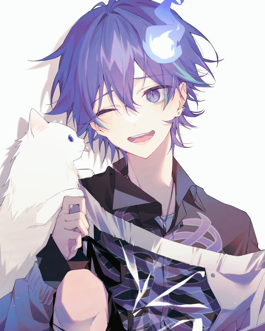 1boy absurdres alternate_hair_length alternate_hairstyle bishounen blue_fire cat cheese_oho collared_shirt earrings facing_viewer fire hair_between_eyes highres hitodama holostars jewelry looking_at_animal minase_rio minase_rio_(1st_costume) one_eye_closed open_mouth purple_eyes purple_hair shadow shirt short_hair skeleton_print slit_pupils solo upper_body virtual_youtuber white_background