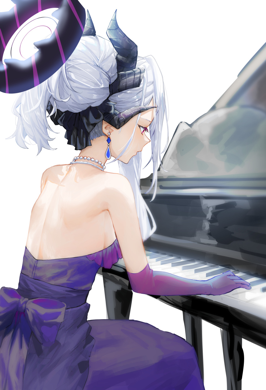 1girl absurdres black_horns blue_archive dangle_earrings demon_horns dress earrings elbow_gloves gloves grand_piano grey_hair halo highres hina_(blue_archive) hina_(dress)_(blue_archive) horns instrument jewelry kaze_22 long_hair multiple_horns necklace official_alternate_costume official_alternate_hairstyle open_mouth piano purple_dress purple_eyes purple_gloves simple_background solo strapless strapless_dress white_background