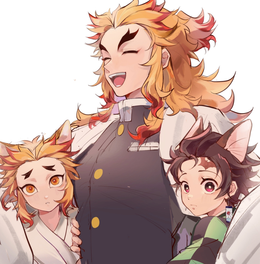 3boys animal_ears blonde_hair brothers brown_hair cape checkered_clothes closed_eyes colored_tips curious demon_slayer_uniform earrings flame_print forked_eyebrows fox_ears hanafuda_earrings haori height_difference highres japanese_clothes jewelry kamado_tanjirou kemonomimi_mode kimetsu_no_yaiba kimono laughing long_hair long_sleeves looking_at_viewer male_focus mimiko_(earnothungry) multicolored_hair multiple_boys open_mouth red_eyes red_hair rengoku_kyoujurou rengoku_senjurou scar scar_on_face scar_on_forehead short_hair siblings sidelocks streaked_hair upper_body white_background white_cape white_kimono