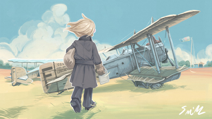 1girl absurdres aircraft airfield airplane biplane black_coat black_footwear black_pants blonde_hair boots breguet_14 cloud cloudy_sky coat grass helmet highres holding holding_helmet lalah_7th motor_vehicle on_grass orange_hair outdoors pants scenery sky solo tagme windsock