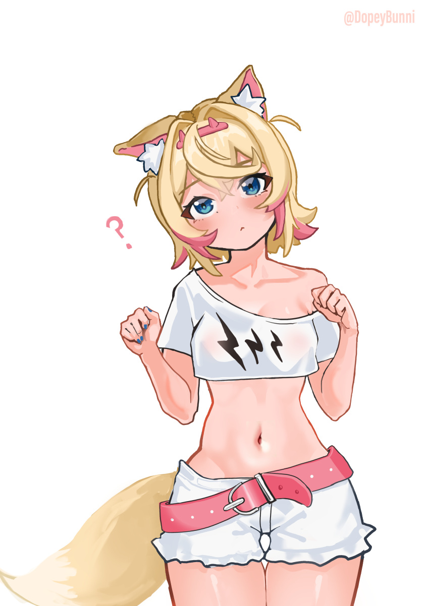 1girl ? absurdres animal_ear_fluff animal_ears artist_name belt blonde_hair blue_eyes blue_nails breasts closed_mouth commentary covered_nipples cowboy_shot crop_top crossed_bangs dog_ears dog_girl dog_tail dopeybunni double-parted_bangs english_commentary fake_horns hair_intakes hairband hands_up head_tilt highres hip_bones hololive hololive_english horns looking_at_viewer mococo_abyssgard mococo_abyssgard_(1st_costume) multicolored_hair nail_polish navel paw_pose pink_belt pink_hair pink_hairband shirt short_hair short_shorts short_sleeves shorts simple_background single_bare_shoulder single_off_shoulder small_breasts solo standing streaked_hair tail thighs two_side_up virtual_youtuber white_background white_shirt white_shorts