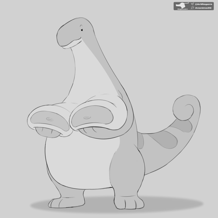 1:1 ambiguous_gender anthro areola big_breasts black_eyes breasts dinosaur eyebrows greyscale hi_res holding_breast huge_breasts long_neck long_tail monochrome multicolored_body narrowed_eyes nipples non-mammal_breasts overweight pal_(species) palworld raised_eyebrows relaxaurus reptile rogero_(artist) scalie sketch solo tail two_tone_body watermark