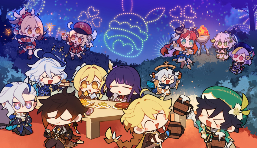 &gt;_&lt; 4boys 6+girls ^_^ aether_(genshin_impact) ahoge alcohol beer beer_mug black_hair blonde_hair blue_hair braid chibi closed_eyes cup dancing dress fire fireworks flower food furina_(genshin_impact) genshin_impact gloves gradient_hair green_headwear halo harem_outfit hat highres holding holding_cup holding_food holding_skewer horns japanese_clothes klee_(genshin_impact) long_hair long_sleeves lumine_(genshin_impact) mole mole_under_eye mug multicolored_hair multiple_boys multiple_girls nahida_(genshin_impact) neuvillette_(genshin_impact) night nilou_(genshin_impact) no_mouth official_art ofuda open_mouth paimon_(genshin_impact) pointy_ears qiqi_(genshin_impact) raiden_shogun shigetake_(buroira) side_ponytail single_braid sitting skewer sky sparkler table veil venti_(genshin_impact) very_long_hair vision_(genshin_impact) yoimiya_(genshin_impact) zhongli_(genshin_impact)