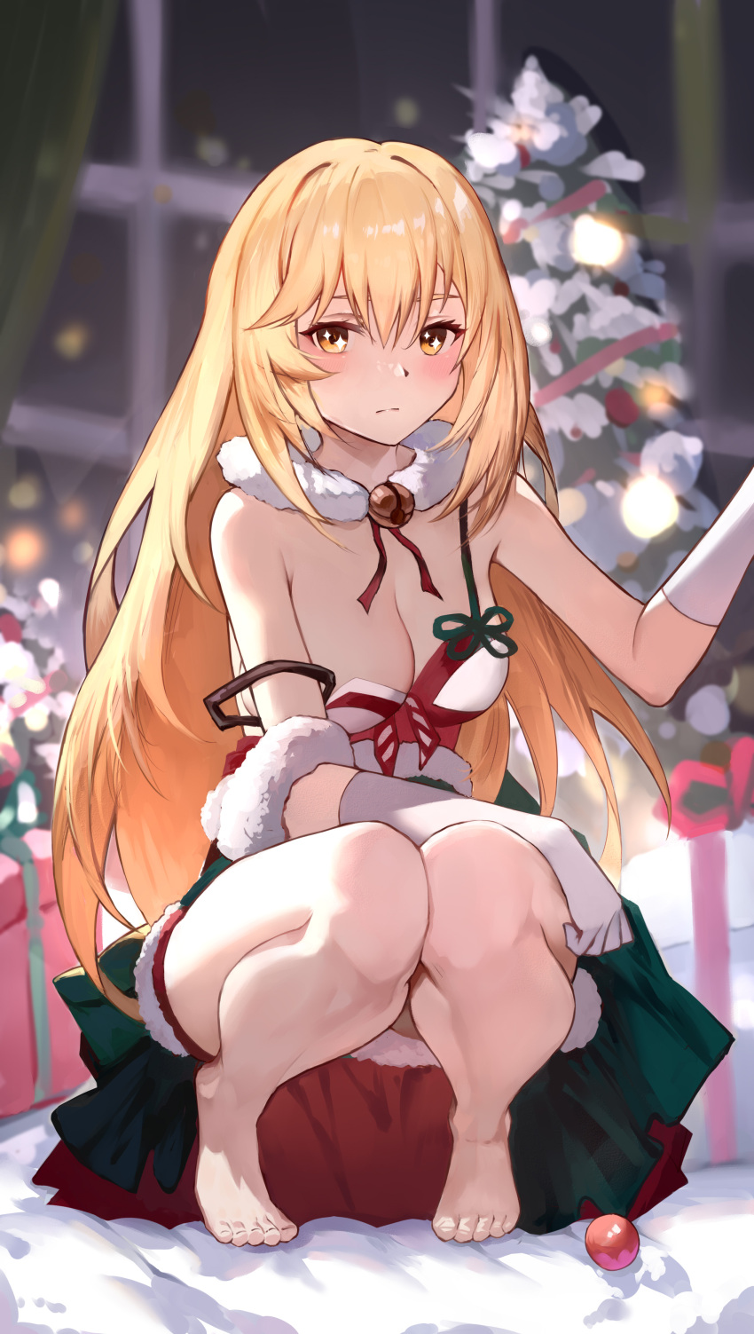 1girl absurdres alternate_costume barefoot blonde_hair blurry blurry_background breasts christmas cleavage dress elbow_gloves fur_collar gloves highres indoors large_breasts long_hair looking_at_viewer owl_(ddap) santa_dress shokuhou_misaki solo sparkling_eyes squatting strap_slip thighs toaru_kagaku_no_mental_out toaru_kagaku_no_railgun toaru_majutsu_no_index white_gloves yellow_eyes