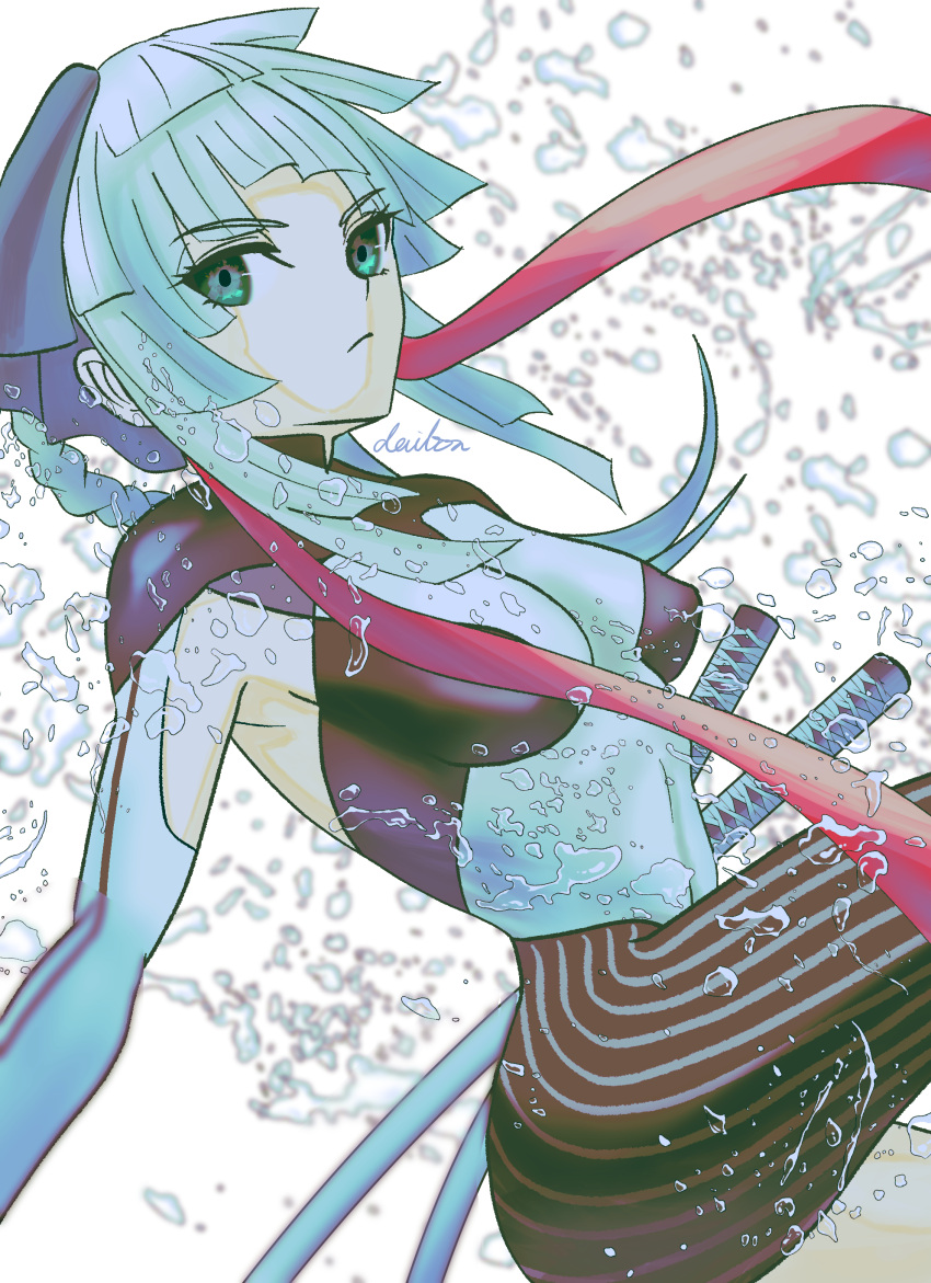 1girl absurdres armpit_cutout black_bodysuit bodysuit braided_hair_rings breasts clothing_cutout earrings fate/grand_order fate/samurai_remnant fate_(series) green_eyes hair_ribbon highres jewelry katana long_hair looking_at_viewer medium_breasts ponytail ribbon sidelocks solo surumedaikon sword thigh_cutout thighs two-tone_bodysuit water weapon white_bodysuit white_hair yui_shousetsu_(fate) yui_shousetsu_(first_ascension)_(fate)
