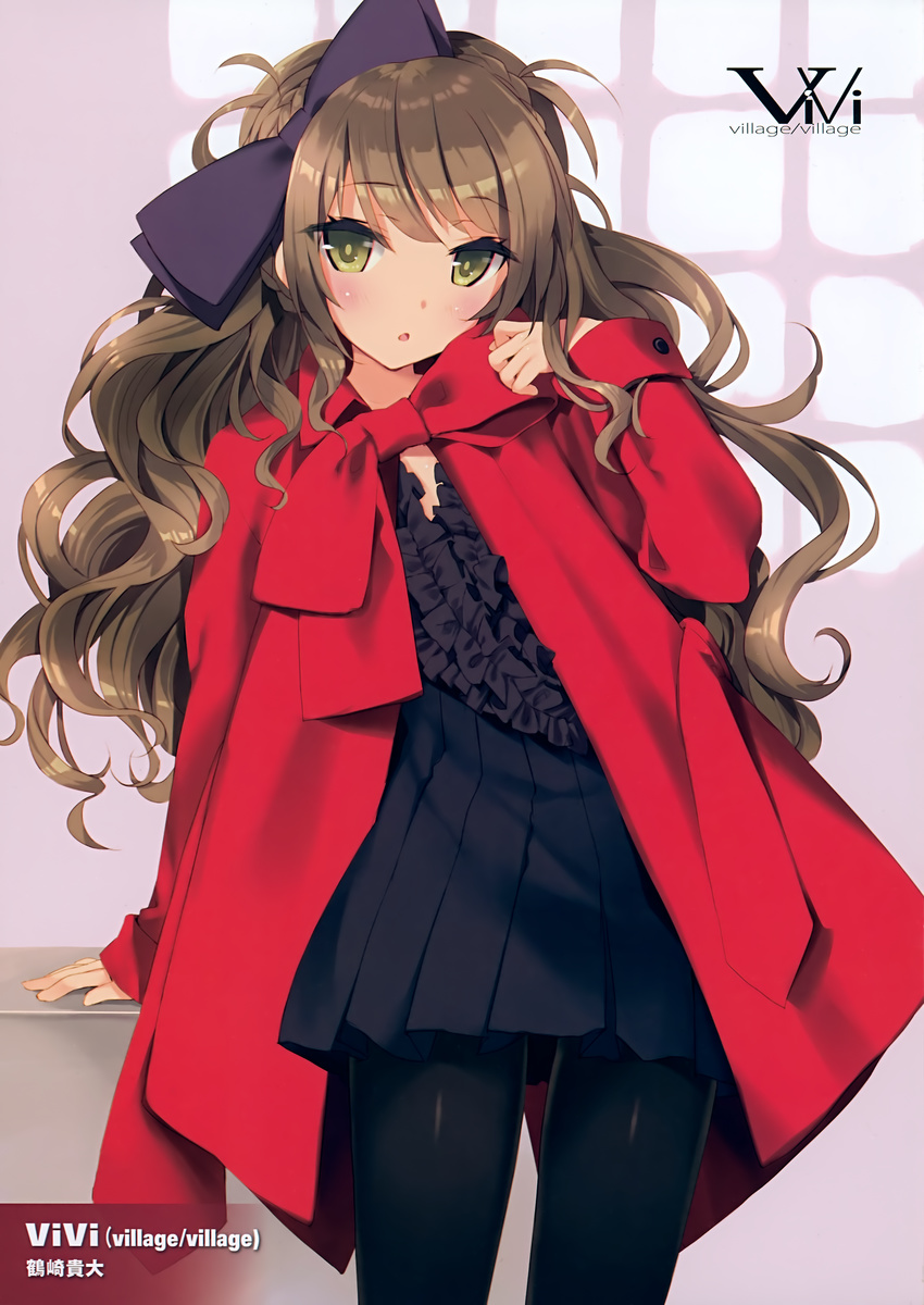 absurdres arm_support artist_name black_bow black_dress black_legwear blush bow braid brown_hair coat dress english hair_bow highres long_hair open_clothes open_coat open_mouth original pantyhose pleated_skirt red_coat scan skirt sleeves_past_wrists solo standing tsurusaki_takahiro wavy_hair yellow_eyes