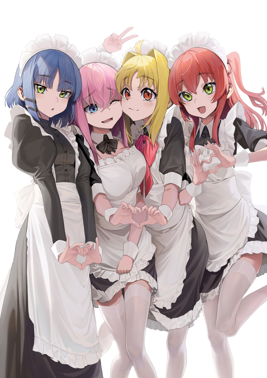 4girls absurdres ahoge alternate_costume apron arm_up black_dress blonde_hair blue_eyes blue_hair blush_stickers bocchi_the_rock! bow bowtie breasts closed_mouth commentary_request cowboy_shot dress enmaided flat_chest gotoh_hitori green_eyes hair_between_eyes hair_intakes hands_up heart heart_hands heart_hands_duo highres ijichi_nijika jliaan juliet_sleeves kita_ikuyo large_breasts long_dress long_hair long_sleeves looking_at_viewer maid maid_apron maid_headdress medium_dress mole mole_under_eye multiple_girls one_eye_closed one_side_up open_mouth pantyhose parted_lips pink_hair puffy_sleeves red_bow red_bowtie red_eyes red_hair shaded_face short_dress short_hair short_sleeves simple_background sleeves_past_elbows small_breasts smile standing standing_on_one_leg thighhighs thighs v white_apron white_background white_pantyhose white_thighhighs yamada_ryo yellow_eyes