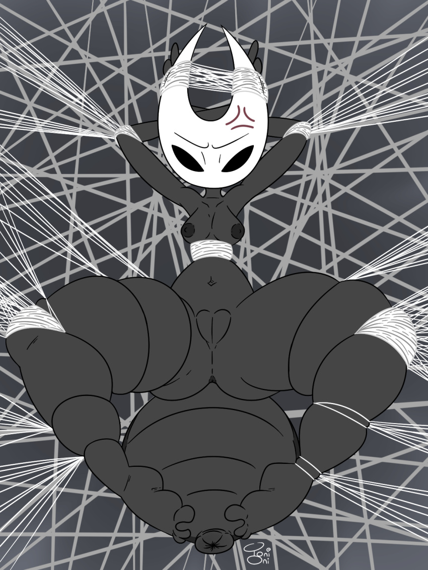3:4 animal_humanoid annoyed anthro anus arachnid arachnid_humanoid areola arthropod arthropod_humanoid arthropod_webbing barefoot black_areola black_body bound breasts butt feet female front_view hands_behind_head hands_tied hi_res hollow_knight horn horned_humanoid hornet_(hollow_knight) humanoid insect insect_humanoid legs_tied looking_at_viewer mask membrane_(anatomy) navel nipples nude signature simple_background solo spider spider_humanoid spider_web spread_legs spreading team_cherry thick_thighs toes toni_oni web_bondage