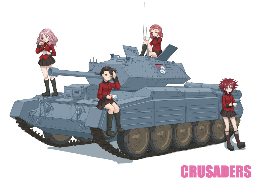 4girls absurdres against_vehicle black_footwear black_hair black_skirt boots brown_eyes character_name commentary cranberry_(girls_und_panzer) crusader_(tank) cup earrings emblem finger_to_mouth girls_und_panzer green_eyes grey_eyes hair_over_one_eye hand_in_own_hair highres holding holding_cup jacket jewelry knee_boots knee_up leaning_back long_hair long_sleeves looking_at_viewer makeup mascara military_uniform military_vehicle miniskirt motor_vehicle multiple_girls peach_(girls_und_panzer) pink_hair pleated_skirt qgkmn541 red_hair red_jacket rosehip_(girls_und_panzer) short_hair sitting skirt st._gloriana's_(emblem) st._gloriana's_military_uniform standing stud_earrings studded_footwear tank teacup uniform vanilla_(girls_und_panzer) wavy_hair white_background