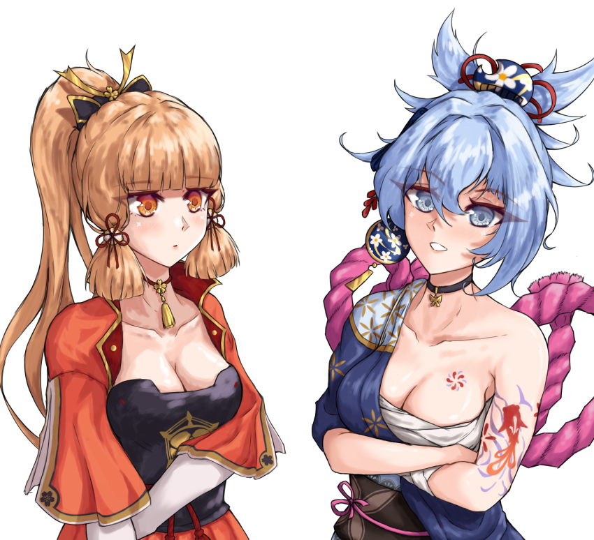 2girls arm_tattoo armor bandages black_sash blonde_hair blue_choker blue_eyes blue_hair blue_kimono blush breastplate breasts chest_sarashi chest_tattoo choker cleavage collarbone color_switch commentary crossed_arms genshin_impact highres japanese_clothes kamisato_ayaka kimono long_hair looking_at_viewer mbz3 medium_breasts multiple_girls obi orange_shirt parted_lips ponytail red_choker sarashi sash shirt short_hair short_sleeves simple_background single_bare_shoulder tattoo upper_body very_long_hair white_background yellow_eyes yoimiya_(genshin_impact)