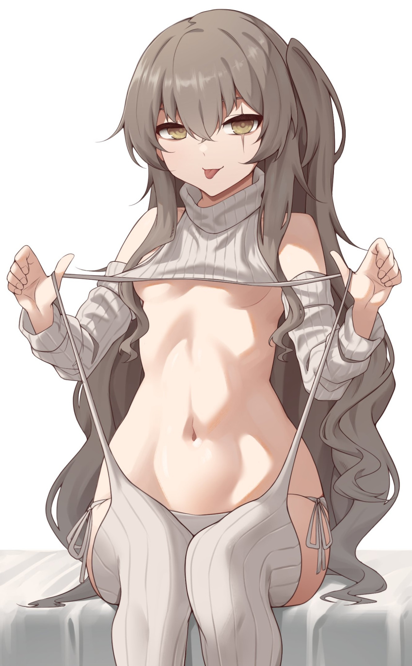1girl act_(xadachit) bare_shoulders breasts brown_hair clothes_lift collarbone commission detached_sleeves english_commentary fingernails girls'_frontline hair_between_eyes hands_up highres long_hair looking_at_viewer meme_attire navel one_side_up panties scar scar_across_eye side-tie_panties sitting small_breasts solo sweater sweater_lift thighhighs tongue tongue_out ump45_(girls'_frontline) underwear virgin_destroyer_sweater white_background white_panties white_sweater white_thighhighs yellow_eyes
