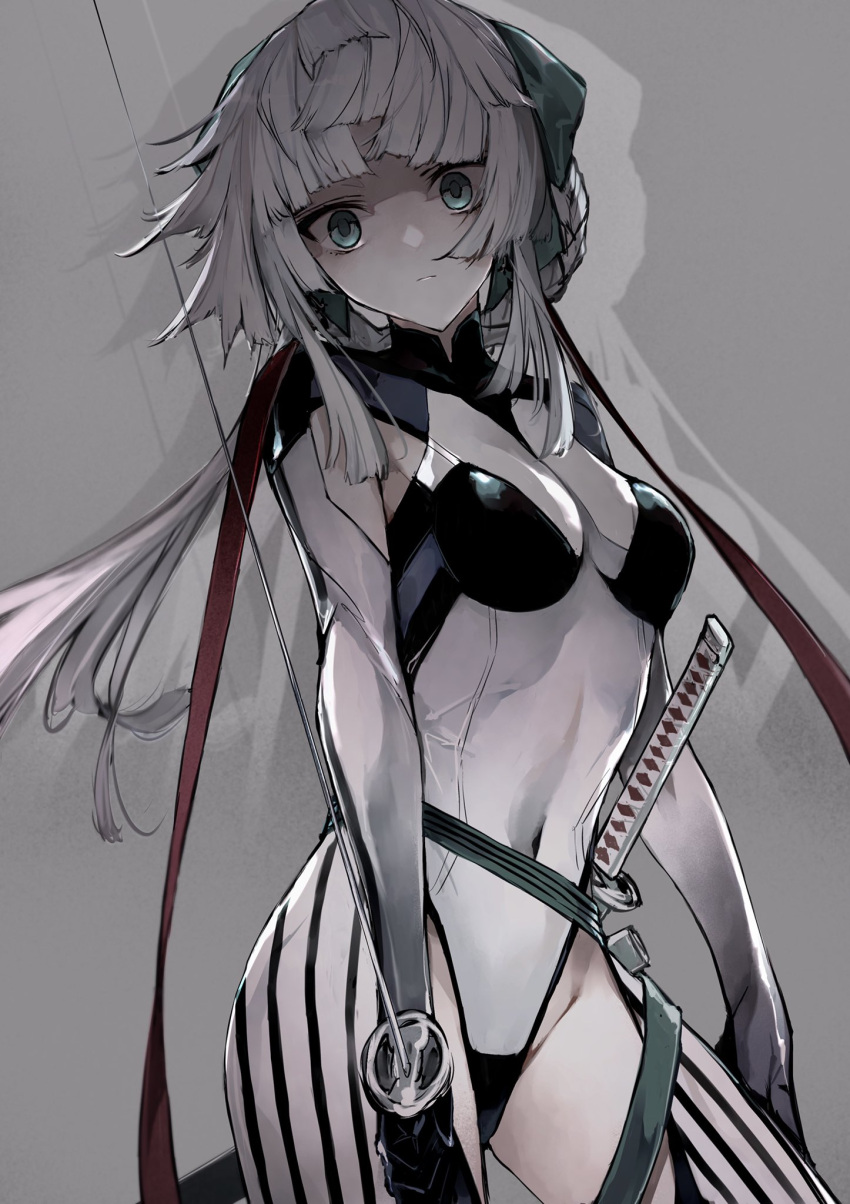 1girl armpit_cutout belt black_bodysuit bodysuit braided_hair_rings breasts clothing_cutout covered_navel earrings fate/grand_order fate/samurai_remnant fate_(series) green_eyes hair_ribbon highleg highres jewelry katana kino_kokko long_hair looking_at_viewer medium_breasts ponytail ribbon shaded_face sidelocks solo sword thigh_cutout thighs two-tone_bodysuit weapon white_bodysuit white_hair yui_shousetsu_(fate) yui_shousetsu_(first_ascension)_(fate)