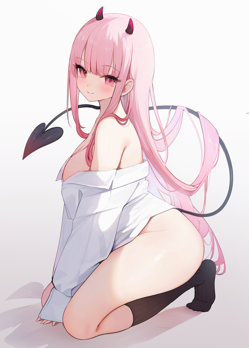 1girl absurdres black_socks breasts closed_mouth commentary demon_girl demon_horns demon_tail english_commentary highres hololive hololive_english horns huge_breasts koahri long_hair long_sleeves mori_calliope pink_eyes pink_hair ribbed_socks shirt sleeves_past_wrists smile socks solo tail thighs virtual_youtuber white_shirt