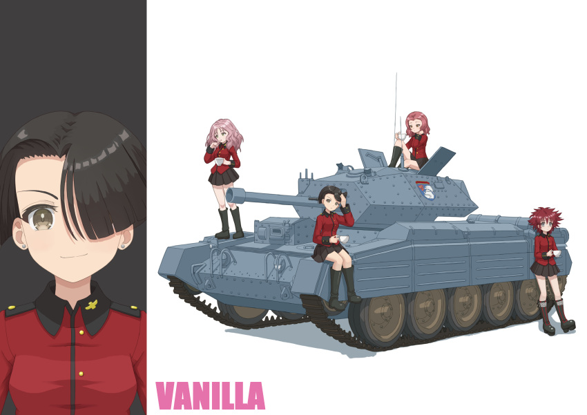 4girls absurdres against_vehicle black_footwear black_hair black_skirt boots brown_eyes character_name closed_mouth commentary cranberry_(girls_und_panzer) crusader_(tank) cup earrings emblem finger_to_mouth girls_und_panzer green_eyes grey_eyes grin hair_over_one_eye hand_in_own_hair highres holding holding_cup jacket jewelry knee_boots knee_up leaning_back long_hair long_sleeves looking_at_viewer makeup mascara military_uniform military_vehicle miniskirt motor_vehicle multiple_girls peach_(girls_und_panzer) pink_hair pleated_skirt qgkmn541 red_hair red_jacket rosehip_(girls_und_panzer) short_hair sitting skirt smile st._gloriana's_(emblem) st._gloriana's_military_uniform standing stud_earrings studded_footwear tank teacup uniform vanilla_(girls_und_panzer) wavy_hair white_background