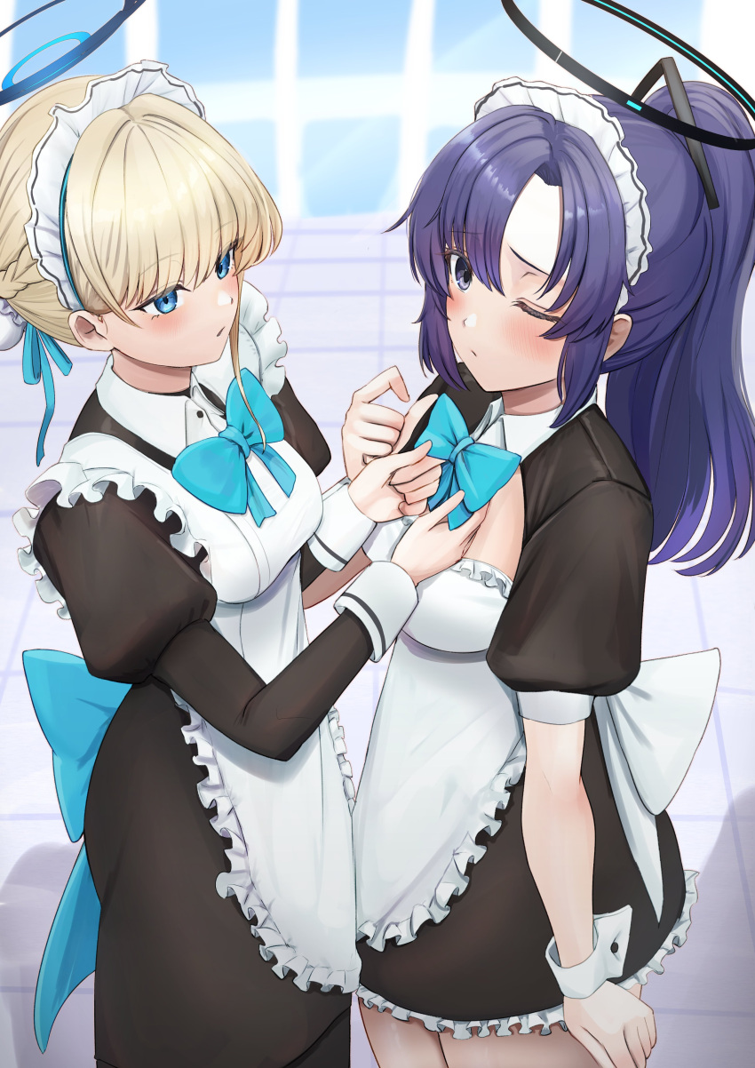2girls absurdres apron black_dress blonde_hair blue_archive blue_bow blue_bowtie blue_eyes blush bow bowtie breasts cafenami closed_mouth dress frilled_apron frilled_dress frills halo highres long_hair long_sleeves maid_apron mechanical_halo medium_breasts multiple_girls one_eye_closed open_mouth ponytail puffy_short_sleeves puffy_sleeves purple_eyes purple_hair short_sleeves toki_(blue_archive) white_apron yuuka_(blue_archive)
