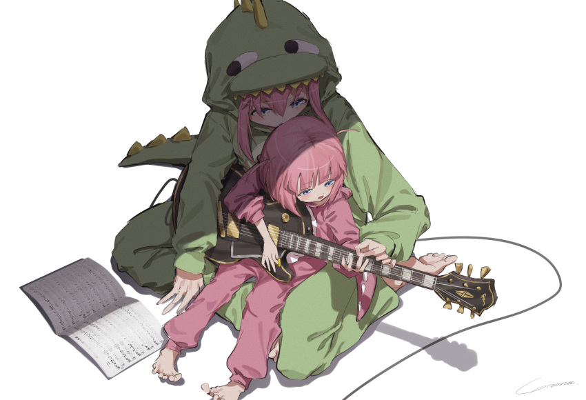 2girls barefoot blue_eyes bocchi_the_rock! child commentary costume dinosaur_costume dinosaur_hood dinosaur_tail electric_guitar gibson_les_paul gotoh_futari gotoh_hitori guitar highres hood hood_up instrument multiple_girls onesie pajamas pink_hair pink_pajamas shadow siblings sidelocks sisters sitting sitting_on_lap sitting_on_person tail teaching toes two_side_up white_background yo_na