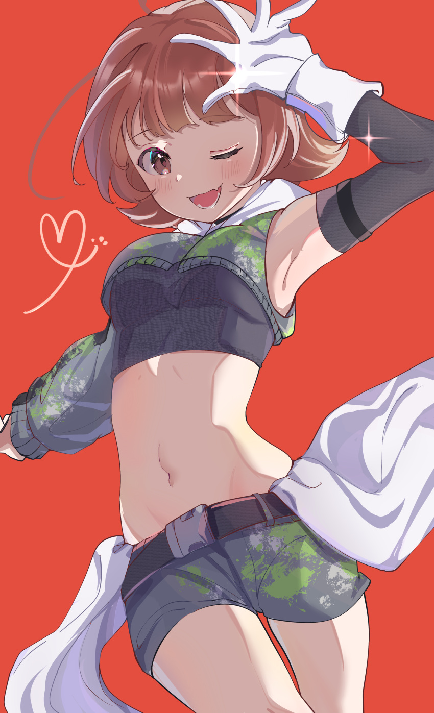 1girl absurdres arm_up armpits belt black_belt black_shorts black_sleeves blush brown_eyes brown_hair cowboy_shot crop_top cropped_shirt detached_sleeves dirty dirty_clothes dot_nose fang gloves heart highres idolmaster idolmaster_million_live! idolmaster_million_live!_theater_days long_sleeves looking_at_viewer midriff navel nonohara_akane one_eye_closed ooho0216 open_hand open_mouth outstretched_arm red_background short_hair shorts simple_background single_bare_shoulder single_detached_sleeve single_sleeve skin_fang smile solo standing two-tone_skirt white_gloves