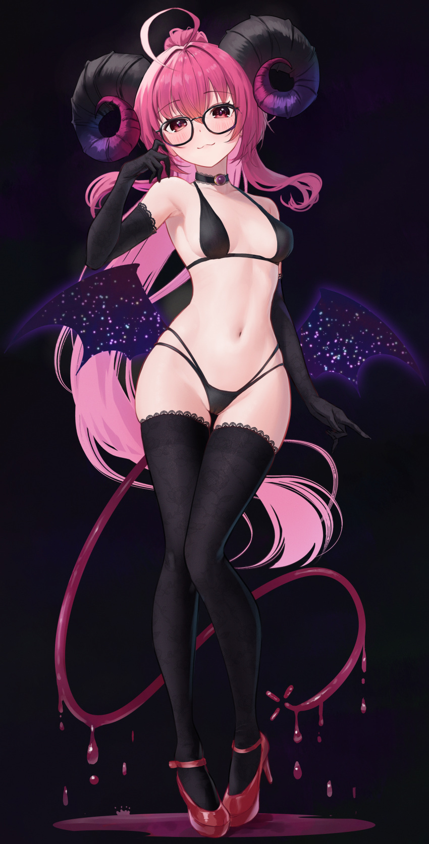 1girl :3 absurdres ahoge bikini black-framed_eyewear black_bikini black_choker black_gloves black_thighhighs blush breasts choker closed_mouth demon_girl demon_horns demon_tail demon_wings elbow_gloves full_body glasses gloves high_heels highres horns indie_virtual_youtuber kurumi_huyu looking_at_viewer navel pink_hair purple_tail red_eyes red_footwear small_breasts smile solo standing swimsuit tail tansui_san_(tcjp4784) thighhighs virtual_youtuber wings