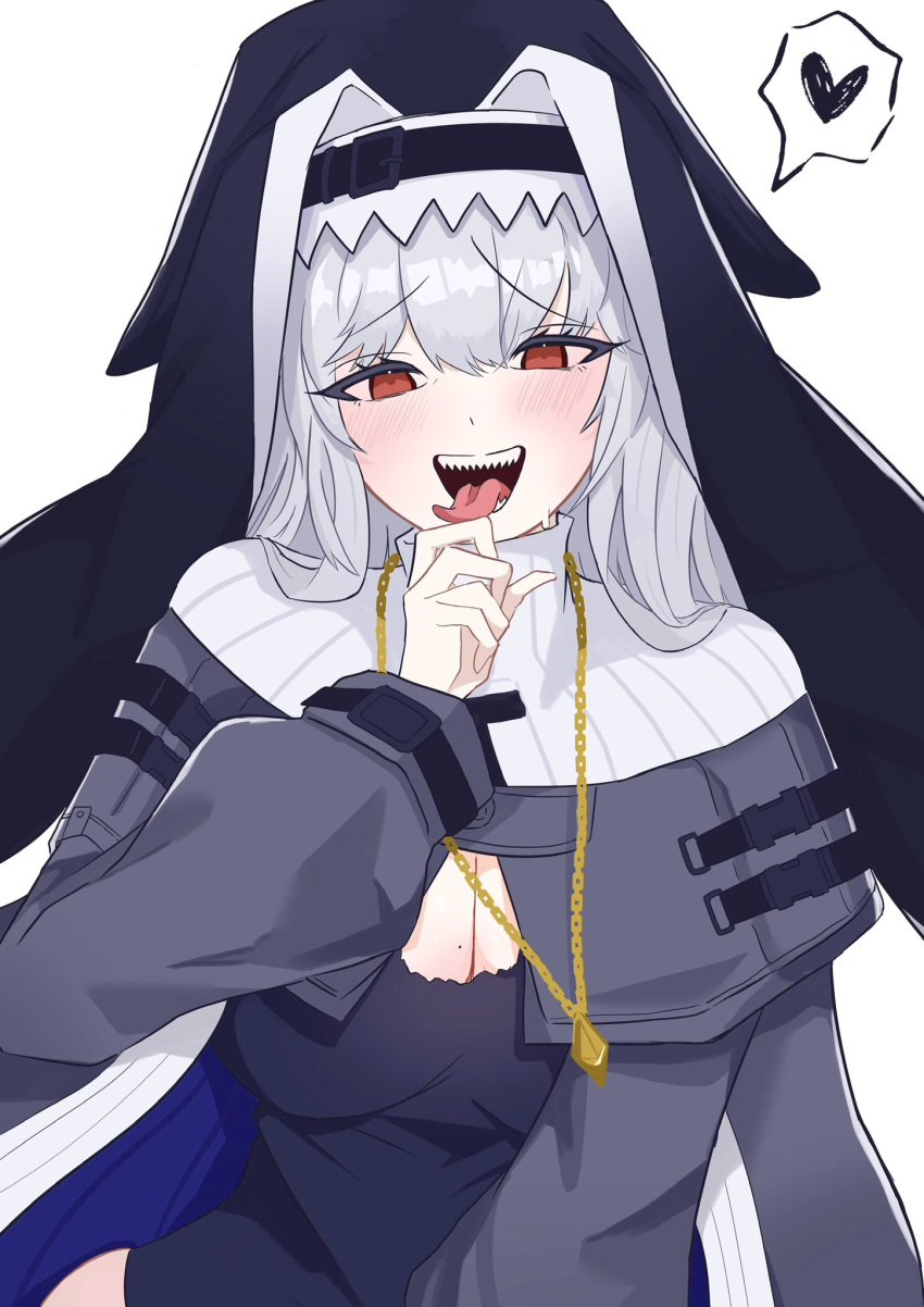 arknights black_dress black_headwear blush breasts capelet cleavage cleavage_cutout clothing_cutout coif dress finger_to_tongue gold_necklace grey_hair habit heart highres jewelry looking_at_viewer necklace nun open_mouth pendant red_eyes sharp_teeth specter_(arknights) spoken_heart teeth tongue tongue_out white_background yashiro3108