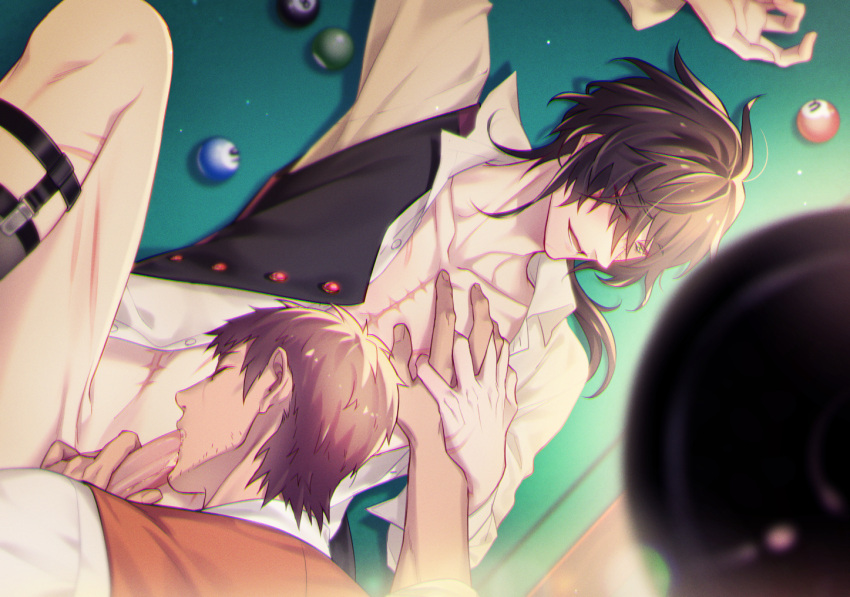 2boys asahi_(baiyameng) black_hair blush closed_eyes erection facial_hair fellatio hand_on_another's_chest holding_hands looking_at_another male_focus medium_hair multiple_boys multiple_scars murase_takuma one_eye_closed open_clothes open_mouth oral pool_table scar scar_on_chest scar_on_face shirt short_hair slow_damage spread_legs stubble table towa_(slow_damage) upper_body yaoi yellow_eyes