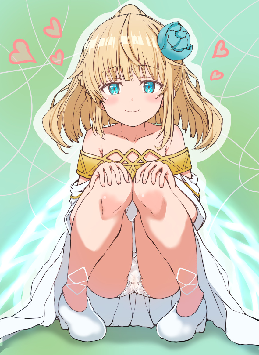 1girl absurdres blonde_hair blue_eyes blue_flower blush closed_mouth crotch_seam eyebrows_hidden_by_hair fairy_wings flat_chest flower full_body green_background hair_flower hair_ornament hands_on_own_knees heart high_heels highres looking_at_viewer medium_hair panties pantyshot poka_(kaoru2877) robe smile solo sora_(beast_tamer) underwear white_footwear white_panties white_robe wings yuusha_party_wo_tsuihou_sareta_beast_tamer_saikyoushu_no_nekomimi_shoujo_to_deau