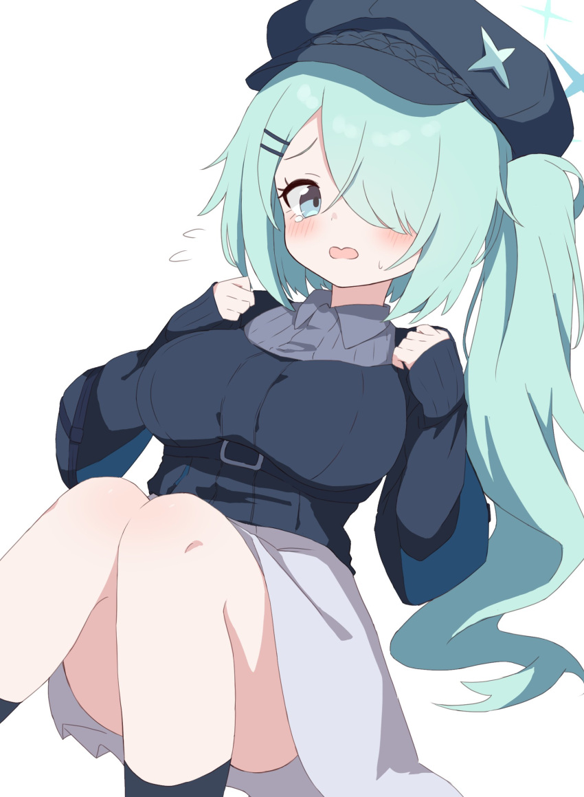 1girl absurdres ass belt black_belt black_headwear black_socks blue_archive blush breasts cabbie_hat collared_shirt feet_out_of_frame green_eyes green_hair green_halo grey_shirt grey_skirt hair_over_one_eye halo hat highres hiyori_(blue_archive) large_breasts long_hair long_sleeves open_mouth shirt side_ponytail simple_background skirt socks solo white_background yukisiannn