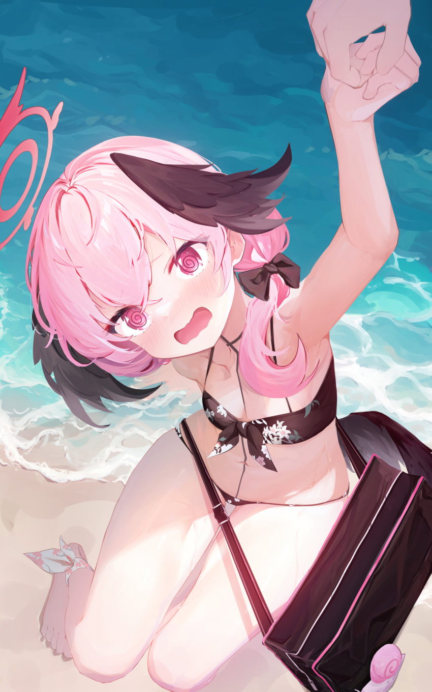 1girl 999kun @_@ ankle_bow armpits bare_arms bare_legs barefoot beach bikini black_bag black_bikini blue_archive blush bow breasts caustics day feathered_wings floral_print from_above grabbing_another's_hand hair_bow halo head_wings highres koharu_(blue_archive) looking_at_viewer low_wings medium_hair navel ocean open_mouth outdoors pink_eyes pink_hair ponytail small_breasts snail solo swimsuit thighs wings