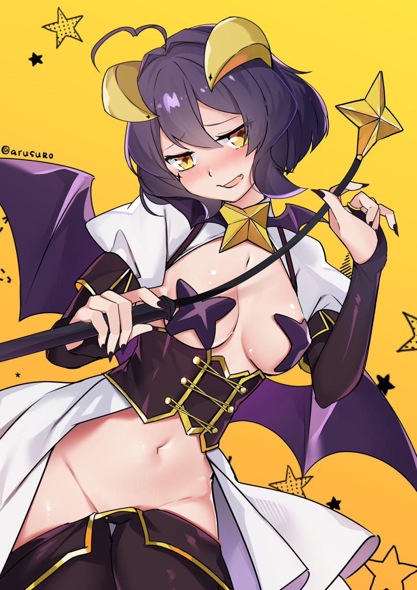 1girl absurdres ahoge arusuko biting_hair black_hair black_pasties blush breastless_clothes breasts corset cross_pasties fold-over_gloves forward_facing_horns highres hiiragi_utena holding_riding_crop horns lowleg lowleg_pants magia_baiser magical_girl mahou_shoujo_ni_akogarete medium_breasts navel open_mouth pants pasties purple_corset revealing_clothes riding_crop short_hair showgirl_skirt shrug_(clothing) simple_background star-shaped_pupils star_(symbol) star_pasties stomach symbol-shaped_pupils wings yellow_eyes yellow_horns