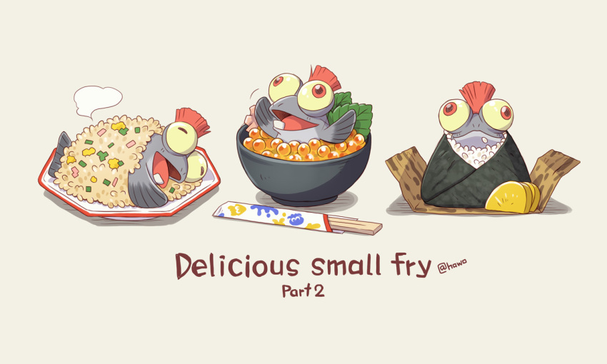 artist_name bowl chopsticks closed_eyes colored_sclera commentary_request english_text fish_(food) food ikura_(food) in_food leaf lying mohawk no_humans nori_(seaweed) on_side onigiri open_mouth plate red_eyes red_hair rice roe salmonid simple_background smallfry_(splatoon) smile splatoon_(series) splatoon_hawo steam takuan teeth white_background yellow_sclera