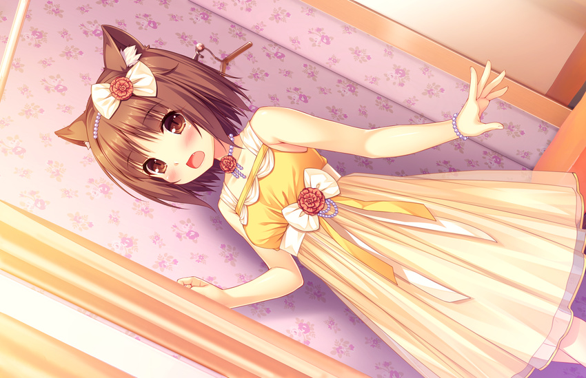 animal_ears azuki_(sayori) blush bow bracelet breasts brown_eyes brown_hair cat_ears dress dutch_angle eyebrows_visible_through_hair fan hair_bow indoors jewelry necklace nekopara open_mouth sayori see-through short_hair sleeveless sleeveless_dress slit_pupils small_breasts solo standing white_bow yellow_dress