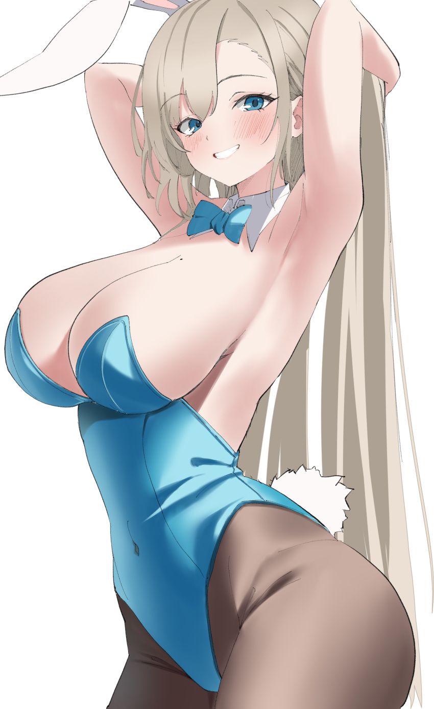 1girl absurdly_long_hair absurdres animal_ears asuna_(blue_archive) asuna_(bunny)_(blue_archive) bare_shoulders blue_archive blue_bow blue_bowtie blue_eyes blue_leotard blue_ribbon blush bow bowtie breasts brown_pantyhose cleavage commentary_request covered_navel detached_collar fake_animal_ears gloves hair_over_one_eye hair_ribbon halo highres large_breasts leotard light_brown_hair long_hair looking_at_viewer mole mole_on_breast official_alternate_costume pantyhose playboy_bunny rabbit_ears ribbon simple_background smile solo strapless strapless_leotard swept_bangs teeth thighband_pantyhose very_long_hair white_background white_gloves yue3621