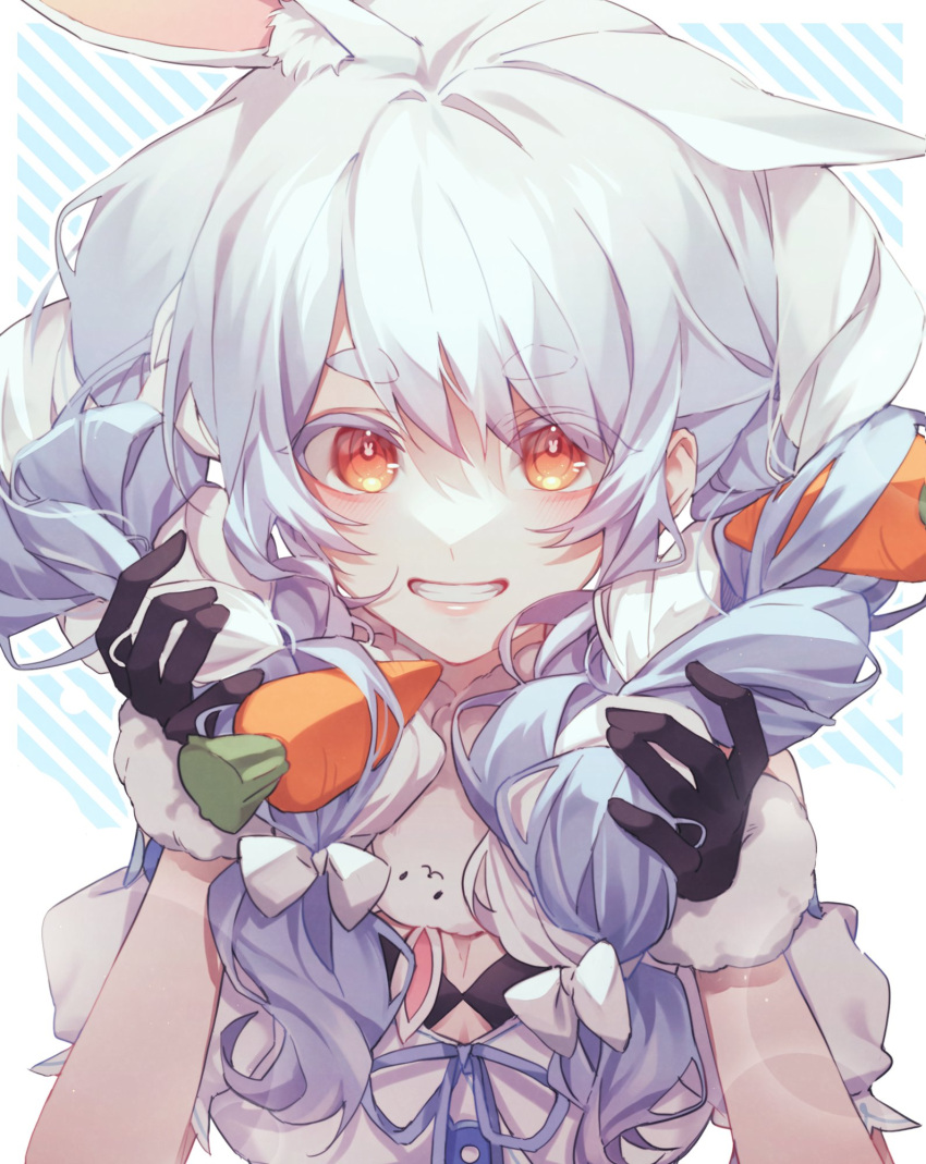 1girl animal_ear_fluff animal_ears black_gloves blue_hair blue_ribbon braid breasts carrot_hair_ornament cheese_oho cleavage dress food-themed_hair_ornament fur_trim gloves hair_ornament hands_up highres hololive long_hair looking_at_viewer orange_eyes puffy_short_sleeves puffy_sleeves purple_eyes rabbit_ears rabbit_girl ribbon short_sleeves simple_background smile solo twin_braids upper_body usada_pekora usada_pekora_(1st_costume) virtual_youtuber