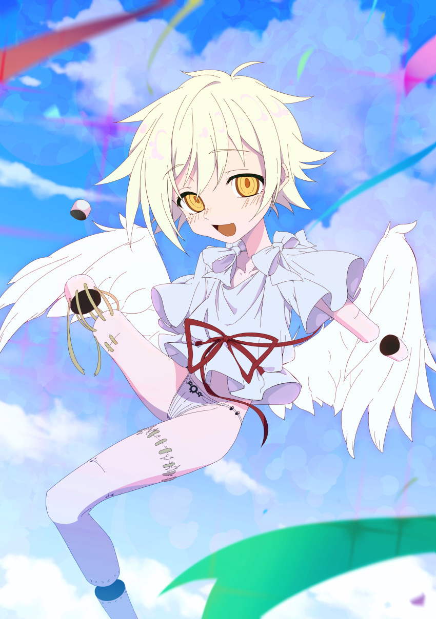 1girl absurdres amputee angel_wings anime_coloring blue_sky blush cloud commentary_request feathered_wings flat_chest flying highres looking_at_viewer nomura_kitan open_mouth original panties shirt short_hair sky smile solo underwear white_hair white_wings wings yellow_eyes