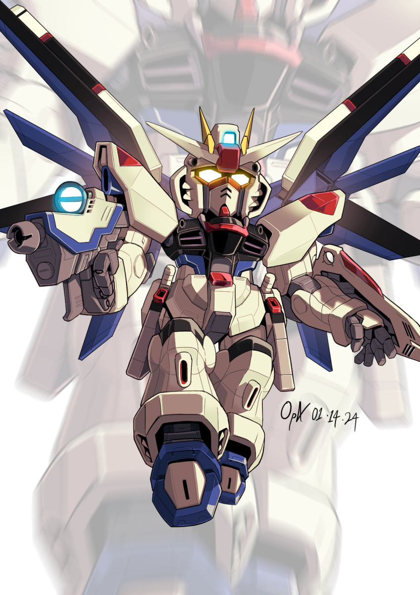 beam_rifle chibi chineseninja dated energy_gun english_commentary freedom_gundam full_body glowing glowing_eyes gun gundam gundam_seed highres holding holding_gun holding_weapon mecha no_humans parody robot sd_gundam shield signature solo spread_wings style_parody v-fin weapon white_background yellow_eyes