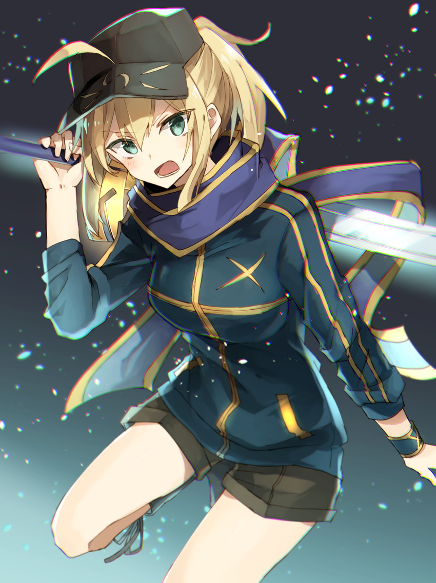 1girl aqua_eyes artoria_pendragon_(fate) blonde_hair boots chibirisu chromatic_aberration commentary_request excalibur_(fate/stay_night) fate_(series) hat highres holding holding_sword holding_weapon jacket long_hair looking_at_viewer mysterious_heroine_x_(fate) open_mouth ponytail rojiura_satsuki:_chapter_heroine_sanctuary scarf shorts solo sword teeth weapon