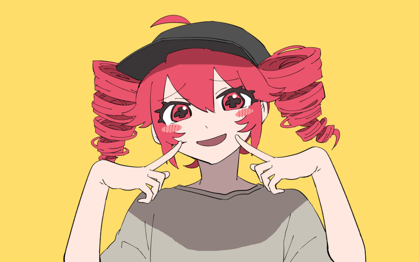 +_+ 1girl ahoge baseball_cap blush_stickers drill_hair grey_headwear grey_shirt hair_between_eyes hat highres kasane_teto looking_at_viewer official_art open_mouth override_(synthesizer_v) pointing pointing_at_self red_eyes red_hair shirt shishia simple_background solo synthesizer_v twin_drills upper_body yellow_background