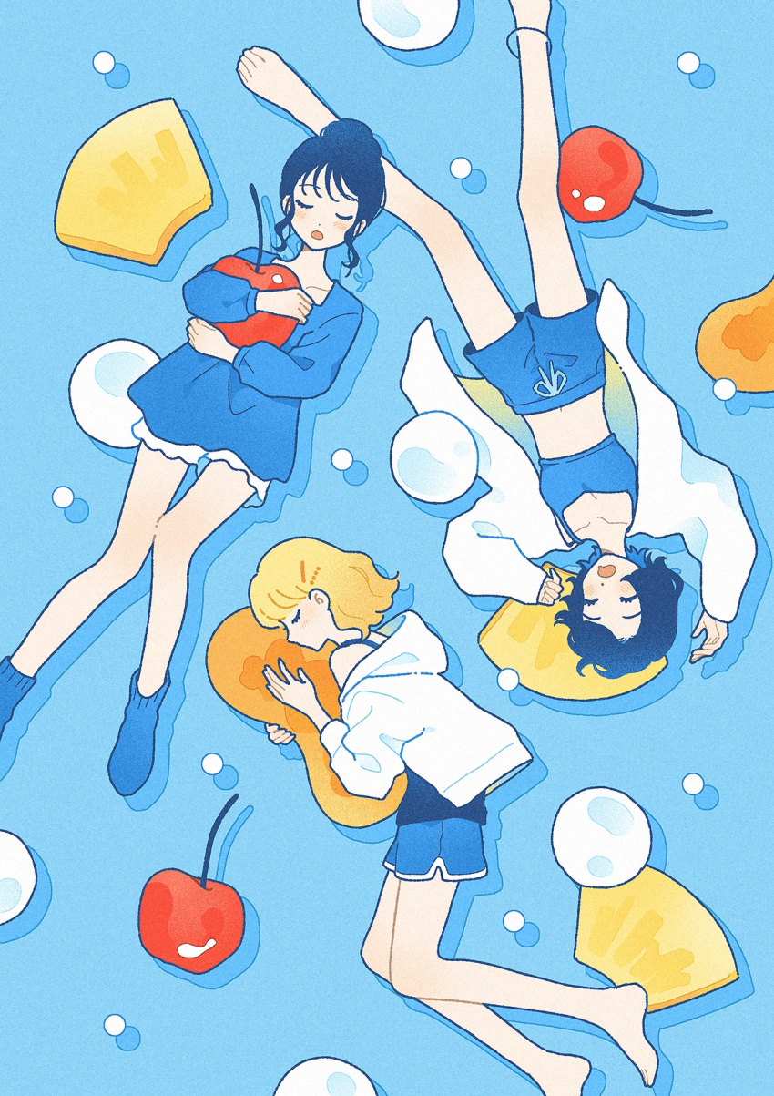 3girls ankle_socks barefoot blonde_hair blue_background blue_hair blue_shorts blue_socks blue_sports_bra blue_sweater blush cherry closed_eyes commentary crop_top dot_nose feet food fruit highres hood hood_down hooded_jacket hugging_object jacket long_sleeves lying midriff multiple_girls nahara_saki no_shoes off_shoulder on_back on_side open_clothes open_jacket open_mouth original oversized_food oversized_object profile shadow short_hair shorts sleeping socks sports_bra sweater topknot unfinished white_jacket white_shorts