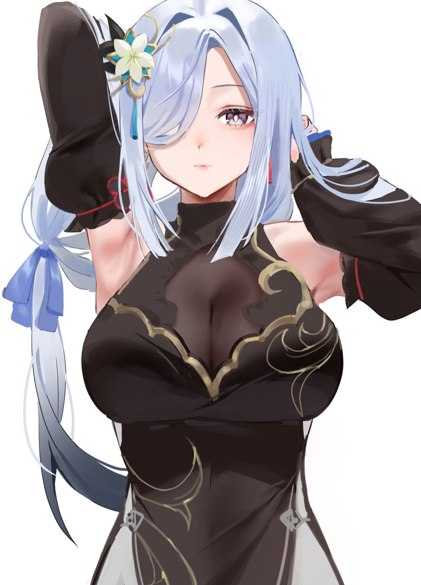 1girl absurdres arm_up armpits black_dress blue_ribbon breasts commentary detached_sleeves dress educk genshin_impact grey_eyes hair_intakes hair_ornament hair_over_one_eye hand_up highres large_breasts long_hair long_sleeves looking_at_viewer low-tied_long_hair official_alternate_costume ribbon shenhe_(frostflower_dew)_(genshin_impact) shenhe_(genshin_impact) simple_background sleeveless sleeveless_dress solo upper_body very_long_hair white_background white_hair