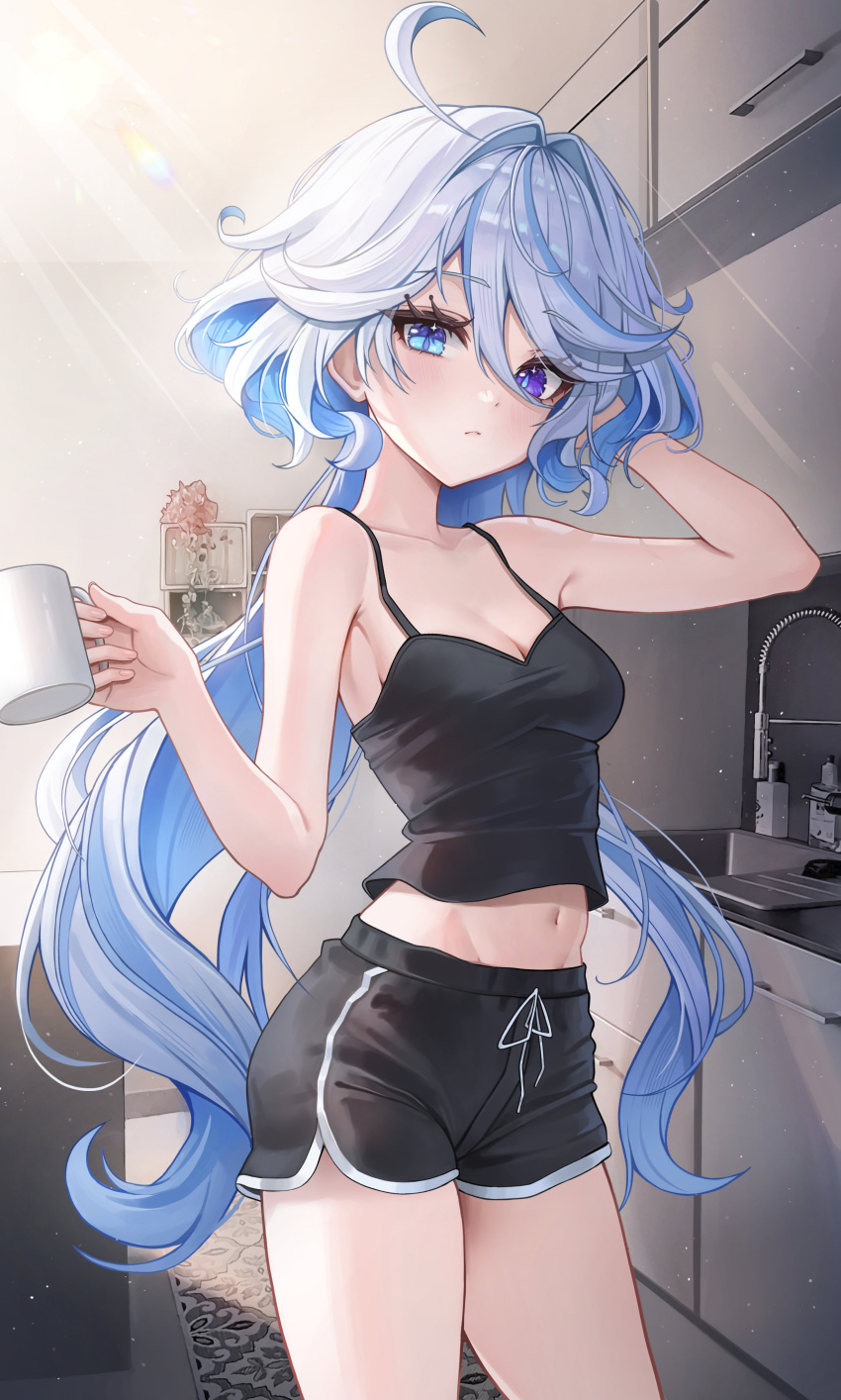 1girl absurdres ahoge alternate_costume black_shirt black_shorts blue_eyes blue_hair breasts cleavage closed_mouth collarbone colored_inner_hair cowboy_shot cup furina_(genshin_impact) genshin_impact hair_between_eyes hair_intakes hand_in_own_hair heterochromia highres holding holding_cup indoors light_blue_hair light_blush long_hair looking_at_viewer medium_breasts multicolored_hair navel poise shirt short_shorts shorts sidelocks sleeveless sleeveless_shirt solo streaked_hair thighs two-tone_hair