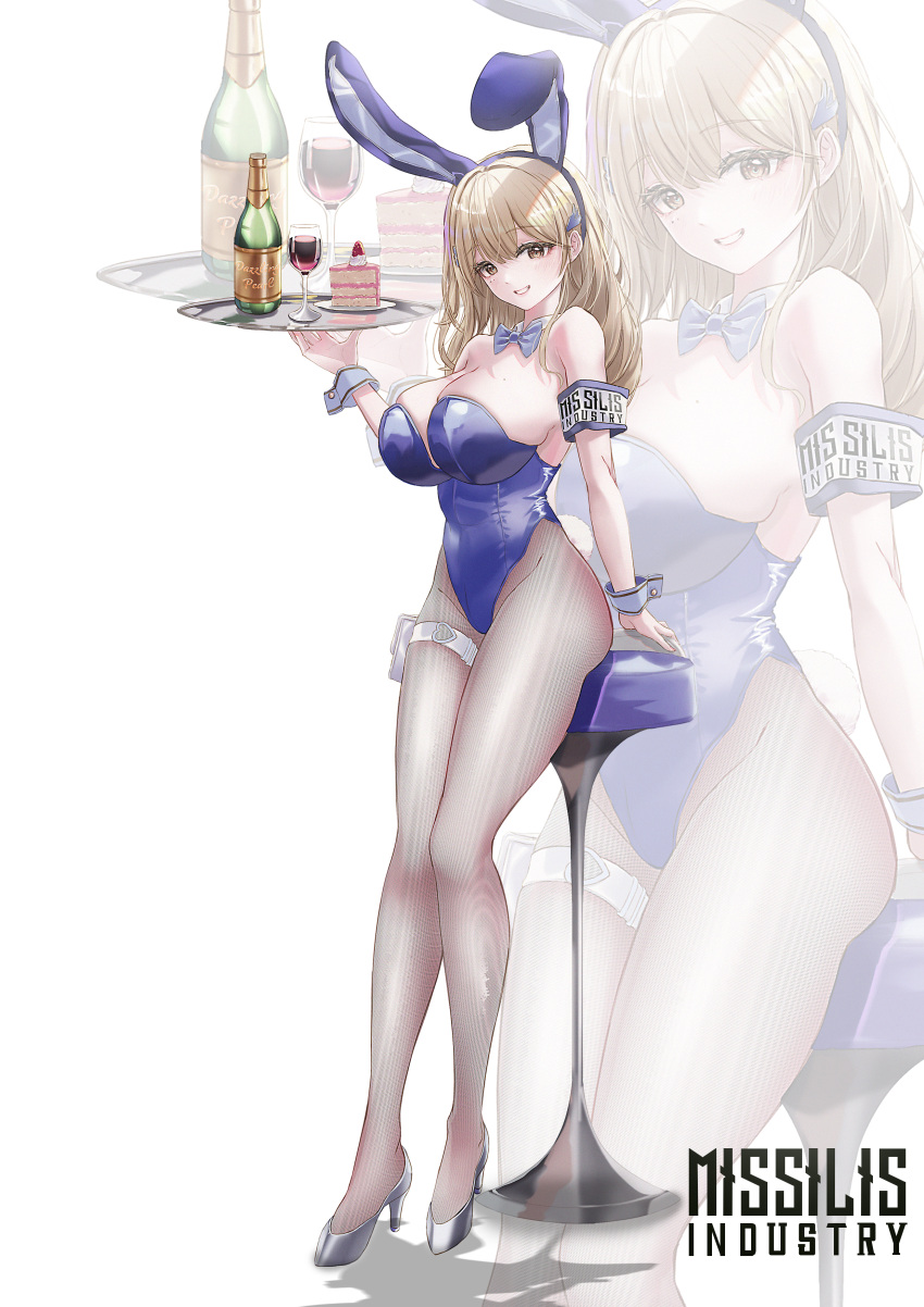 1girl absurdres alcohol animal_ears bar_stool blonde_hair blue_leotard blush bottle bow bowtie breasts brown_eyes cake cake_slice cleavage covered_navel cup detached_collar disgustingtokki drinking_glass fake_animal_ears fake_tail fishnet_pantyhose fishnets food goddess_of_victory:_nikke hair_ornament highleg highleg_leotard highres holding holding_tray huge_breasts leotard long_hair looking_at_viewer pantyhose playboy_bunny rabbit_ears rabbit_tail red_wine smile solo stool strapless strapless_leotard tail tia_(nikke) traditional_bowtie tray wine_bottle wine_glass wrist_cuffs zoom_layer