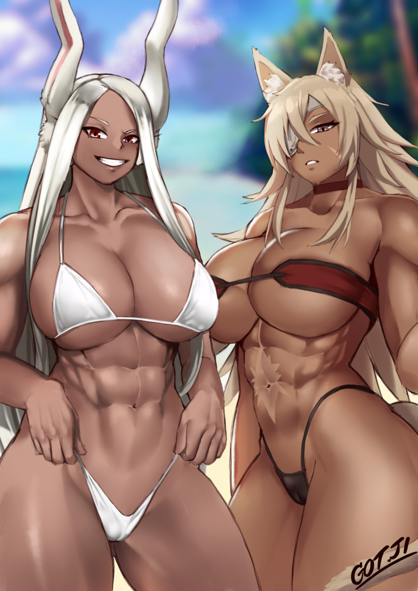 2girls abs absurdres adjusting_clothes adjusting_swimsuit animal_ears bandeau beach bikini black_bikini_bottom blurry blurry_background boku_no_hero_academia breasts cameltoe cat_ears cat_girl cat_tail choker cleavage collarbone commentary crossed_bangs dark-skinned_female dark_skin eyepatch ghislaine_dedoldia got_ji_(gojich1) grey_hair grin hair_between_eyes highres large_breasts long_eyelashes long_hair looking_at_viewer mirko multiple_girls muscular muscular_female mushoku_tensei navel obliques one-eyed outdoors parted_bangs parted_lips rabbit_ears rabbit_girl raised_eyebrow red_bandeau red_choker red_eyes scar scar_on_cheek scar_on_face scar_on_stomach signature skindentation smile stomach swimsuit symbol-only_commentary tail thick_thighs thighs underboob very_long_hair white_bikini white_hair