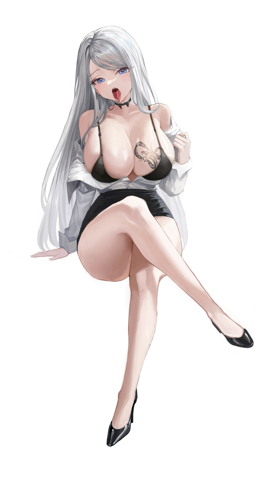 1girl absurdres bare_legs bare_shoulders black_camisole black_choker black_dress black_footwear blue_eyes blush breast_tattoo breasts camisole choker cleavage collarbone collared_shirt commission crossed_legs dress egoswans full_body grey_hair high_heels highres huge_breasts long_hair long_sleeves looking_at_viewer open_clothes open_mouth open_shirt original partially_unbuttoned pencil_dress shirt short_dress simple_background solo swept_bangs tattoo tongue tongue_out white_background white_shirt