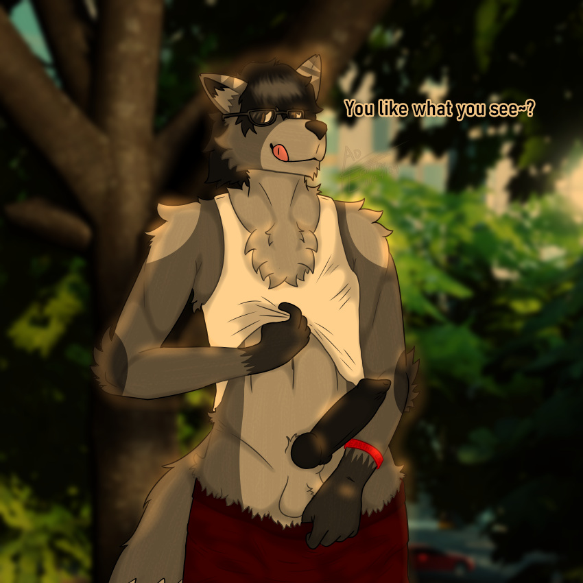 1:1 anthro black_hair canid canine chest_tuft city city_background clothed clothing clothing_lift dialogue earthwormgd earthy erection eyewear fox glasses hair hi_res knot looking_at_viewer male mammal partially_clothed plant shirt shirt_lift solo tank_top teasing tongue tongue_out topwear tree tuft underwear underwear_down wristband