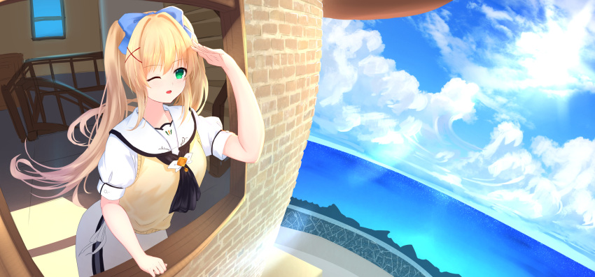 1girl ascot black_ascot blonde_hair blue_bow bow cloud cloudy_sky commentary cowboy_shot green_eyes hair_between_eyes hair_bow hair_intakes hair_ornament hand_up highres indoors lighthouse long_hair looking_afar myria_(7855) ocean one_eye_closed open_mouth outdoors puffy_short_sleeves puffy_sleeves sailor_collar shading_eyes shirt short_sleeves sidelocks skirt sky smile solo summer_pockets sunlight sweater_vest tsumugi_wenders twintails white_sailor_collar white_shirt white_skirt window x_hair_ornament yellow_sweater_vest
