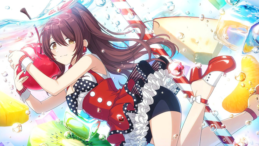 1girl apple bare_shoulders blush bow breasts brown_hair bubble cherry cleavage dress drinking_straw earrings food frilled_dress frills fruit hair_between_eyes hair_bow high_heels high_ponytail highres holding holding_food holding_fruit ice ice_cube idolmaster idolmaster_shiny_colors jewelry kiwi_(fruit) light_smile long_bangs long_hair looking_at_viewer mandarin_orange official_alternate_costume official_alternate_hairstyle official_art osaki_tenka oversized_object pineapple polka_dot ponytail red_footwear sidelocks smile solo too_many too_many_frills underwater wrist_cuffs