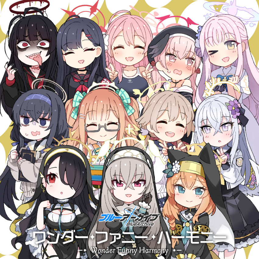 ahoge album_cover azusa_(blue_archive) black_hair blonde_hair blue_archive blue_eyes blush book braid breasts closed_eyes closed_mouth copyright_name cover double_v glasses grey_hair hair_between_eyes halo hanako_(blue_archive) hifumi_(blue_archive) highres hinata_(blue_archive) holding holding_book ichika_(blue_archive) koharu_(blue_archive) kuma_jet looking_at_viewer mari_(blue_archive) mika_(blue_archive) multiple_girls nun official_art one_eye_closed one_eye_covered open_mouth orange_hair pink_eyes pink_hair pink_halo purple_eyes purple_hair red_eyes sakurako_(blue_archive) school_swimsuit school_uniform shimiko_(blue_archive) swimsuit tongue tongue_out tsurugi_(blue_archive) twintails ui_(blue_archive) v yellow_halo