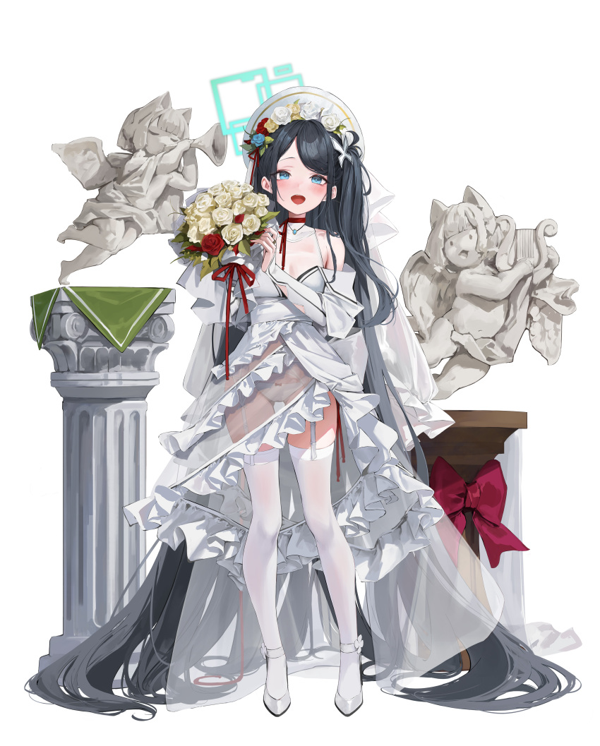 1girl absurdly_long_hair absurdres angel_statue aris_(blue_archive) black_hair blue_archive blush bouquet breasts bridal_gauntlets bridal_veil bugle cleavage dress full_body garter_straps halo head_wreath highres holding holding_bouquet instrument leviathan_(hikinito0902) long_hair looking_at_viewer lyre midori_(blue_archive) momoi_(blue_archive) music panties playing_instrument see-through see-through_cleavage see-through_dress simple_background smile solo swept_bangs thighhighs underwear veil very_long_hair white_background white_dress white_garter_straps white_panties white_thighhighs