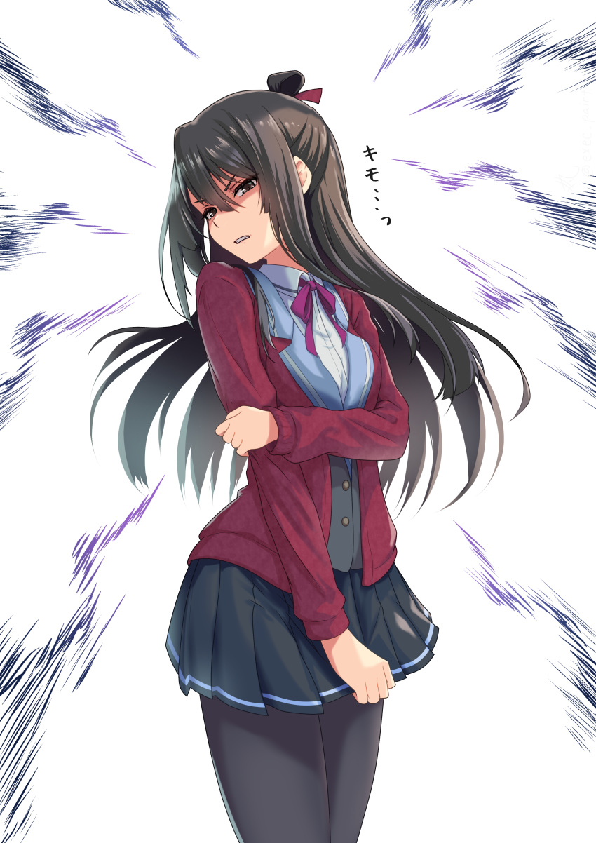 1girl absurdres acelroiutdh black_hair black_pantyhose black_skirt brown_eyes brown_hair collared_shirt commentary_request disgust highres jacket koori_chikage lapels long_hair long_sleeves looking_at_viewer neck_ribbon nogi_wakaba_wa_yuusha_de_aru open_clothes open_jacket pantyhose parted_lips pleated_skirt purple_ribbon red_jacket ribbon shaded_face shirt sidelocks skirt solo standing translation_request upper_body v-shaped_eyebrows white_shirt yuusha_de_aru