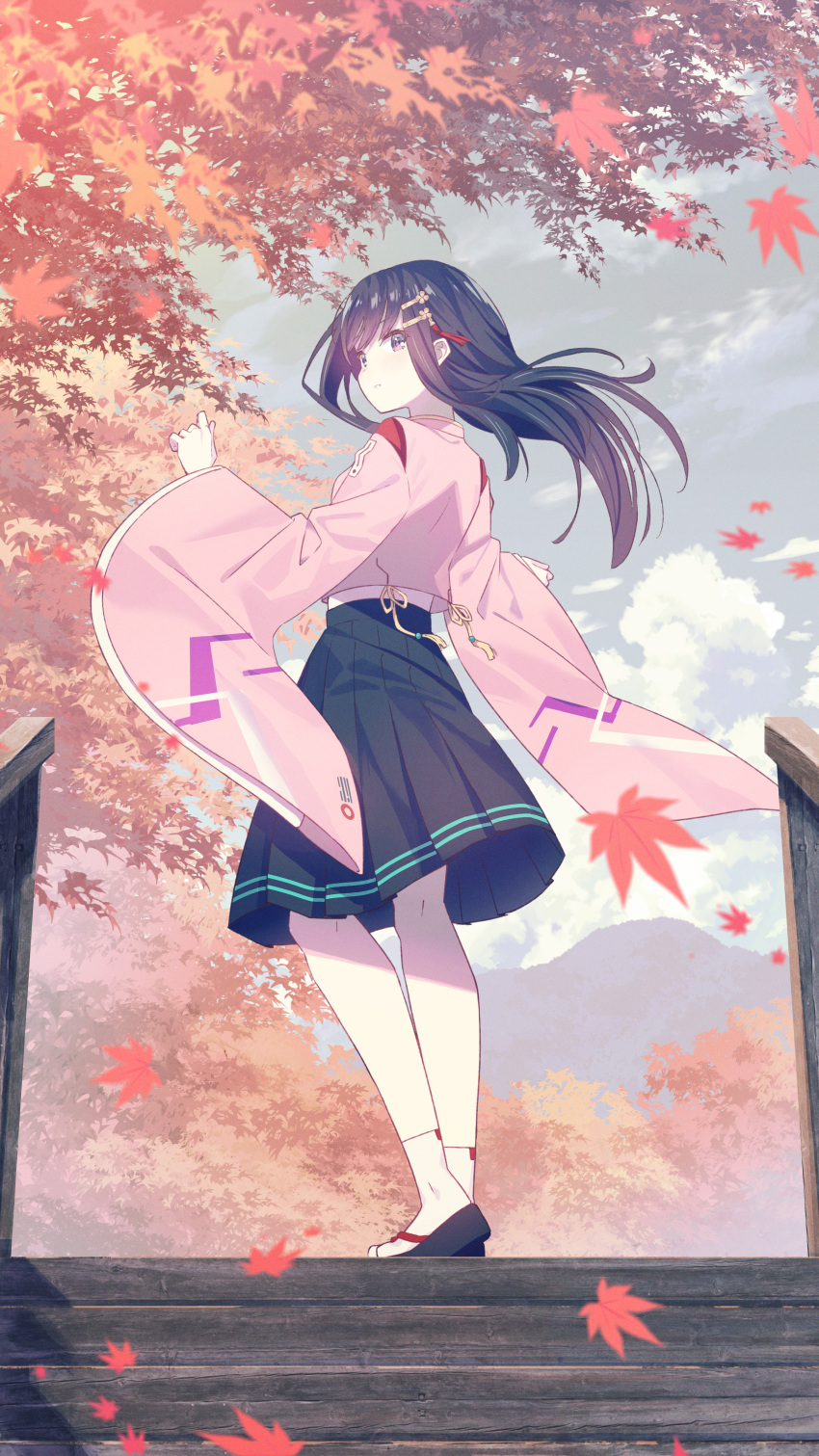 1girl absurdres autumn autumn_leaves black_hair black_skirt blue_hakama falling_leaves from_behind full_body furisode hair_ornament hakama hakama_skirt heaven_burns_red highres japanese_clothes kimono koh_rd leaf long_hair long_sleeves looking_at_viewer maple_leaf nikaidou_misato okobo outdoors pink_kimono purple_eyes sandals second-party_source sidelocks skirt solo wide_sleeves